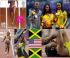 Подиум атлетика 100 м женщины, Шелли-Энн Фрейзер-Прайс (Ямайка), Кармелита Джетер (Соединенные Штаты) и Вероника Кэмпбелл-Браун (Ямайка), Лондон 2012